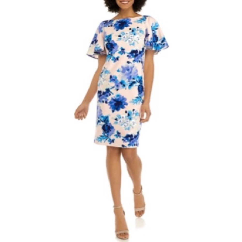 NEW Eliza J Floral Blush French Blue Flutter Sleeve Crepe Midi Sheath Dress 6